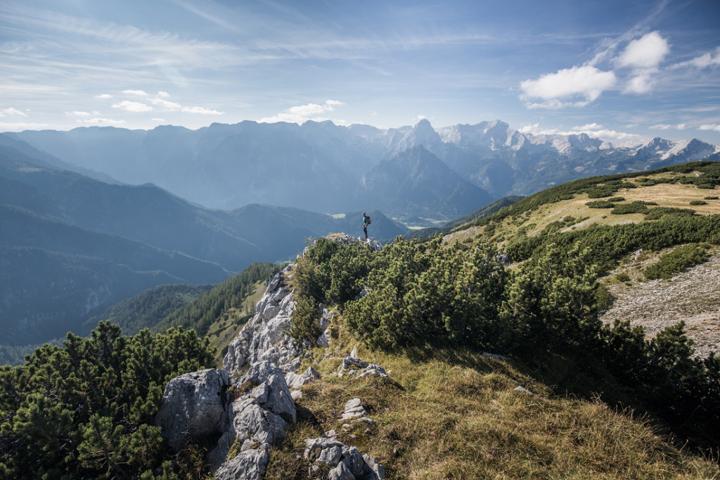 Wanderer auf Bergkamm mit Blick auf Alpen und bewachsenen Hügeln